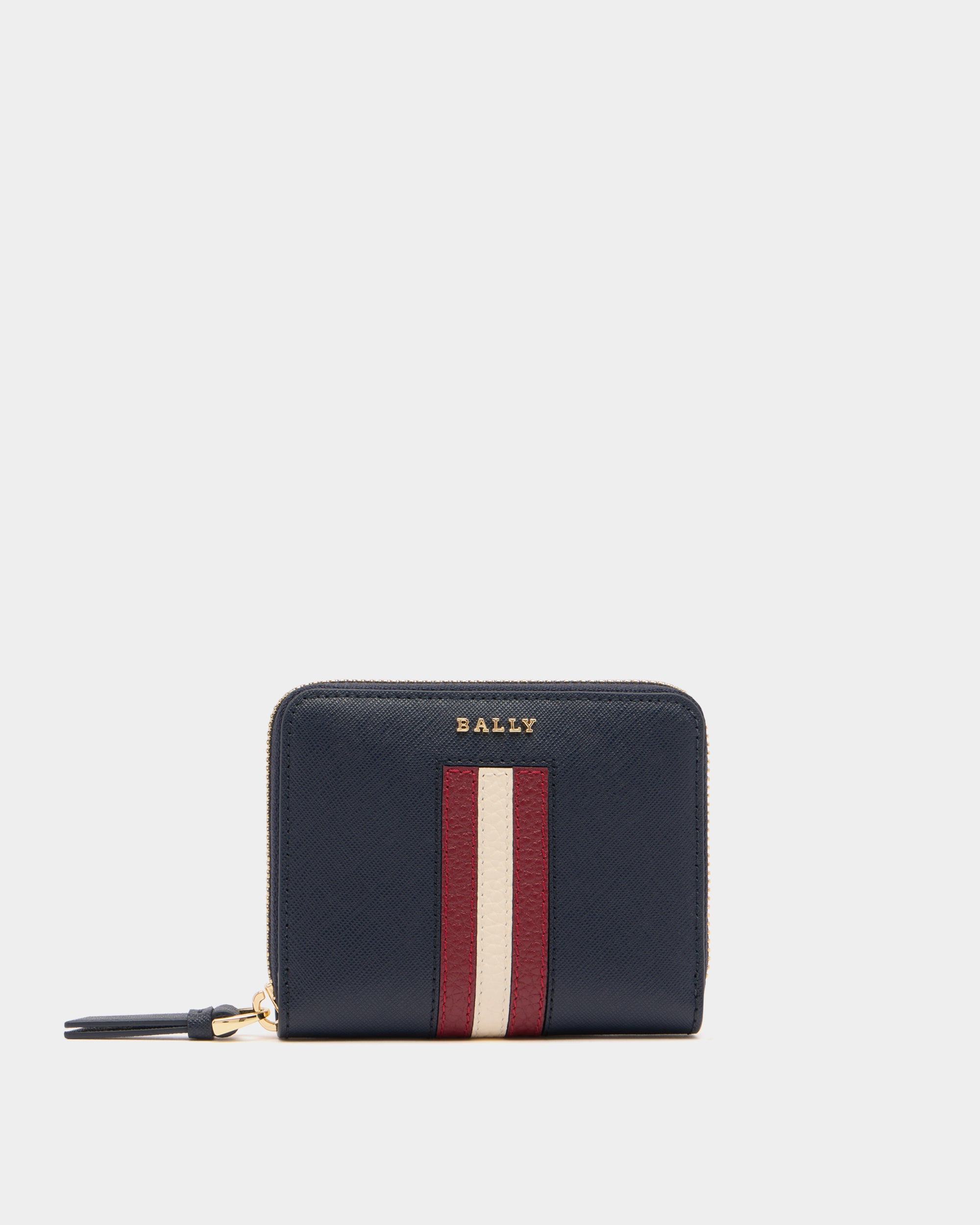 Bally Zip Around Wallet in Navy Blue Embossed Leather With a Bally Ribbon-in-Navy Blue-1-Bally Outlet