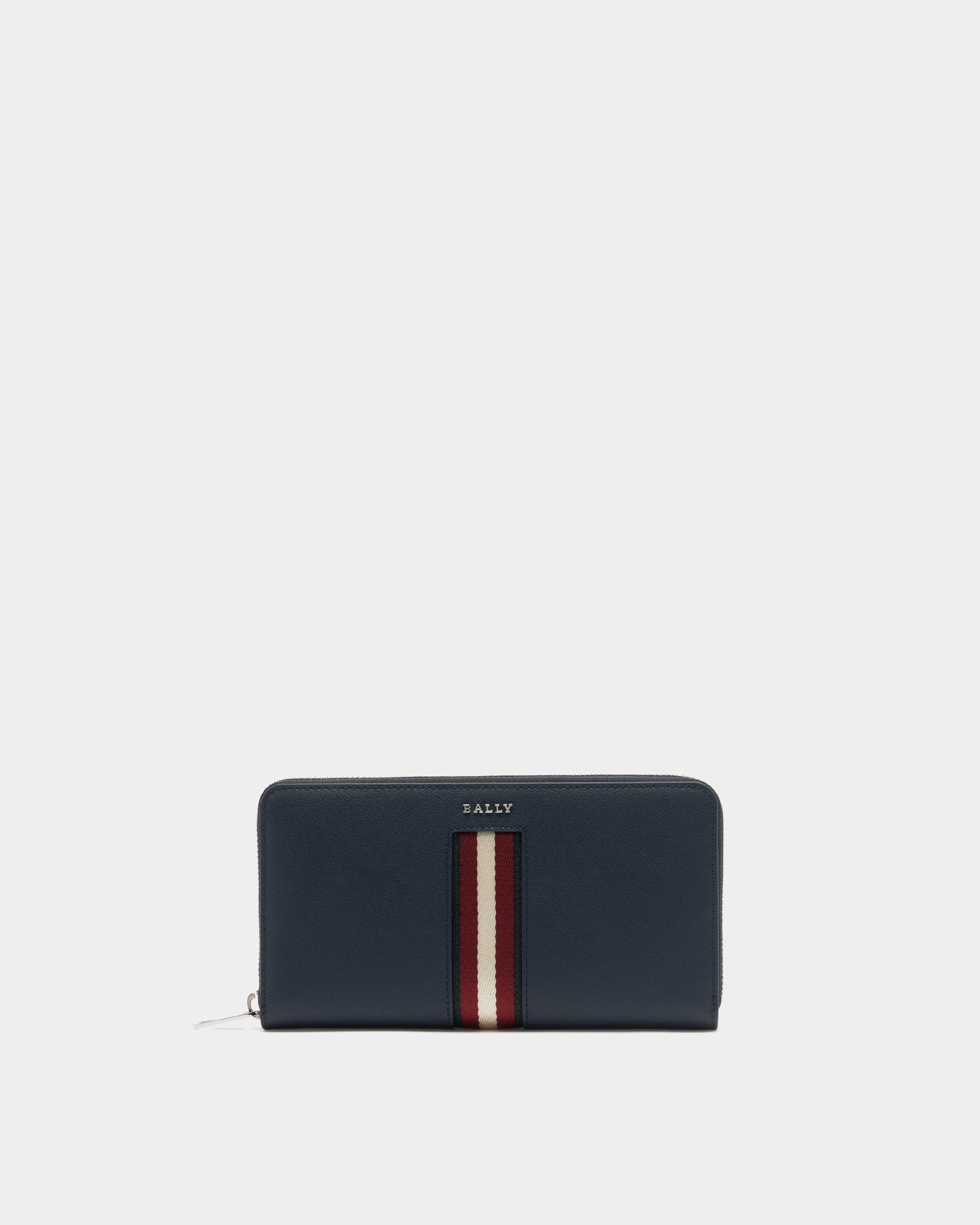 Bally Zip Around Wallet in Navy Blue Leather With a Bally Ribbon-in-Navy Blue-1-Bally Outlet