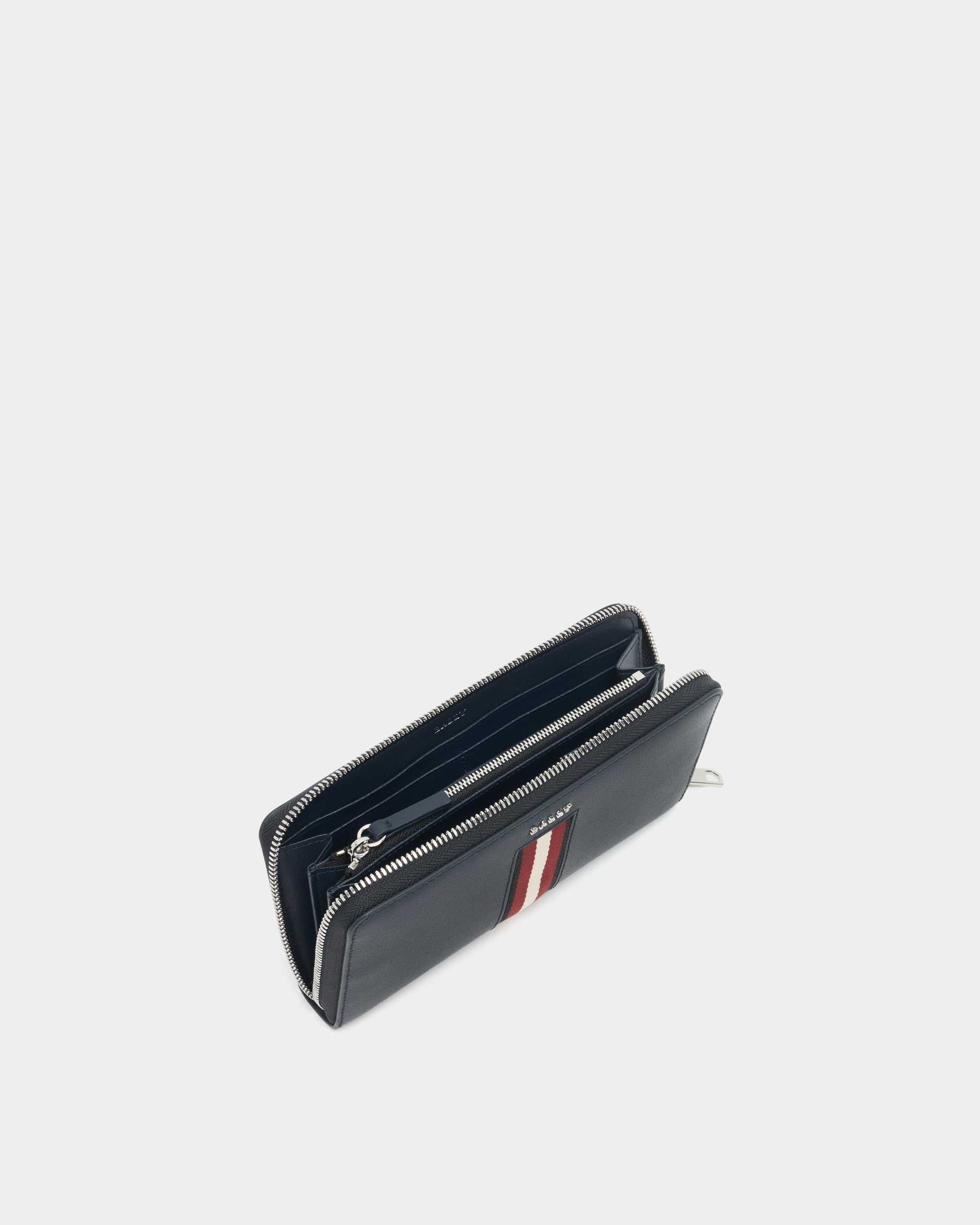 Bally Zip Around Wallet in Navy Blue Leather With a Bally Ribbon-in-Navy Blue-3-Bally Outlet