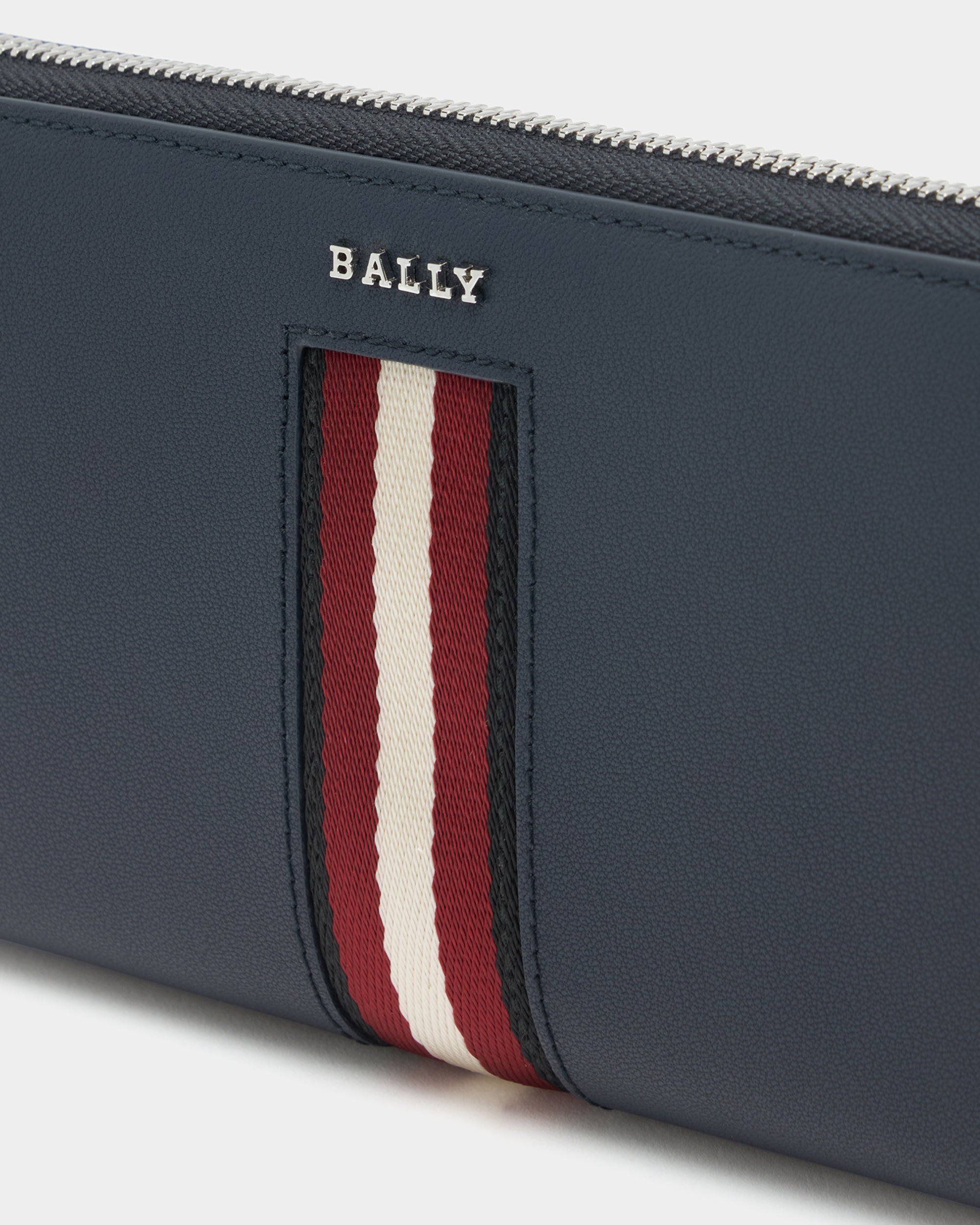 Bally Zip Around Wallet in Navy Blue Leather With a Bally Ribbon-in-Navy Blue-4-Bally Outlet