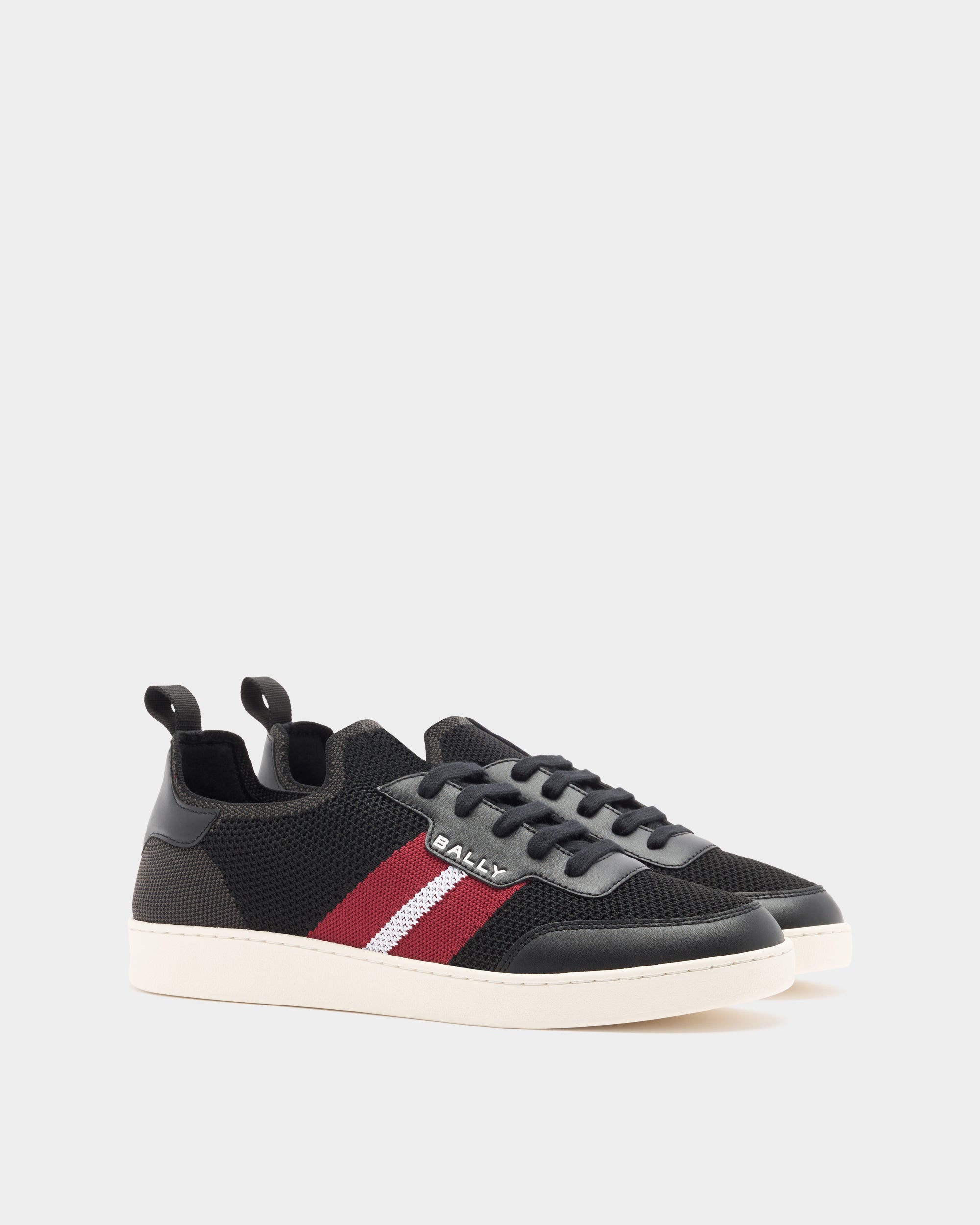 Bally Tennis Sneaker in Black Fabric and Leather-in-Black and Red-1-Bally Outlet