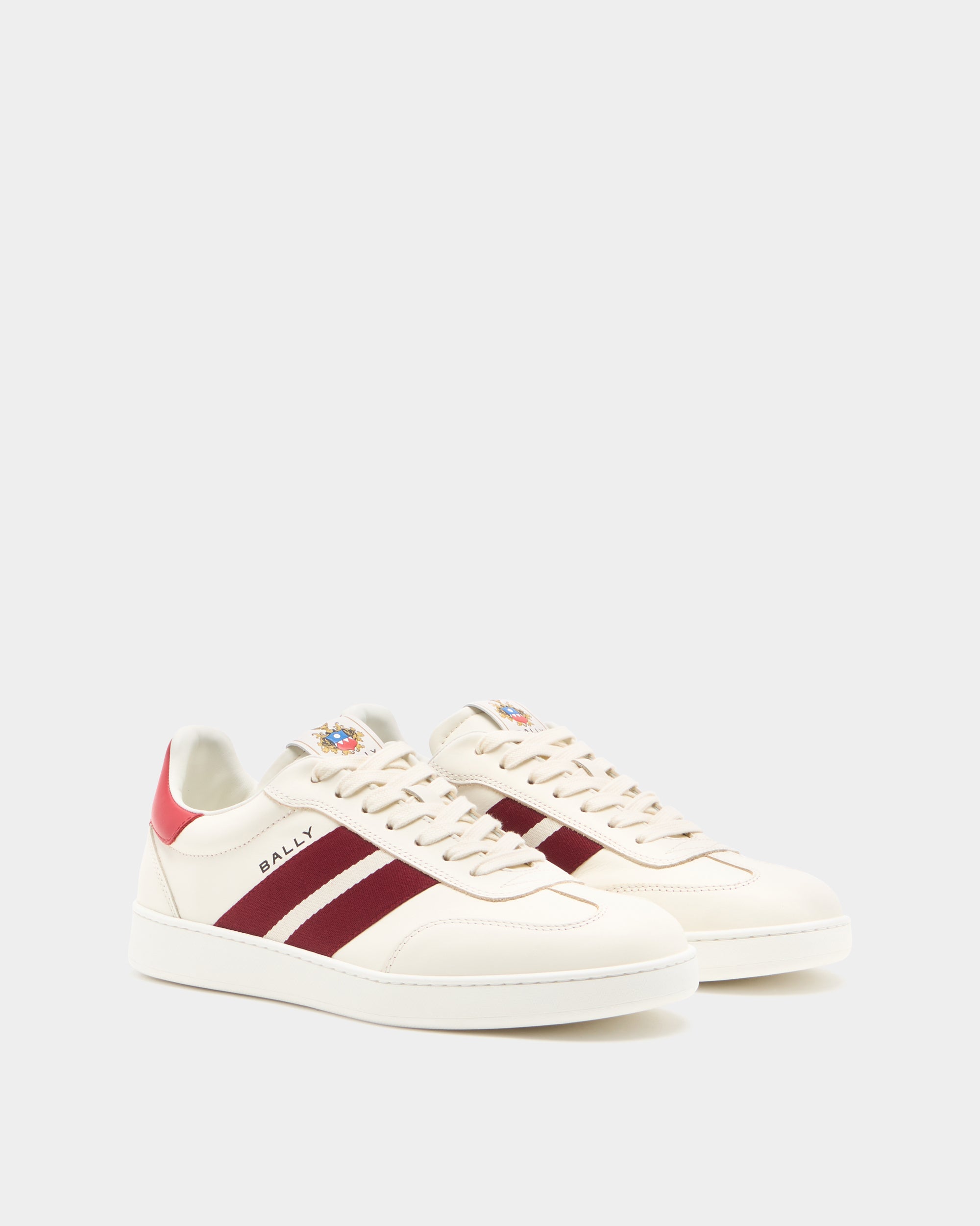 Bally Retro Crest Sneaker in Ivory Leather-in-White and Red-1-Bally Outlet