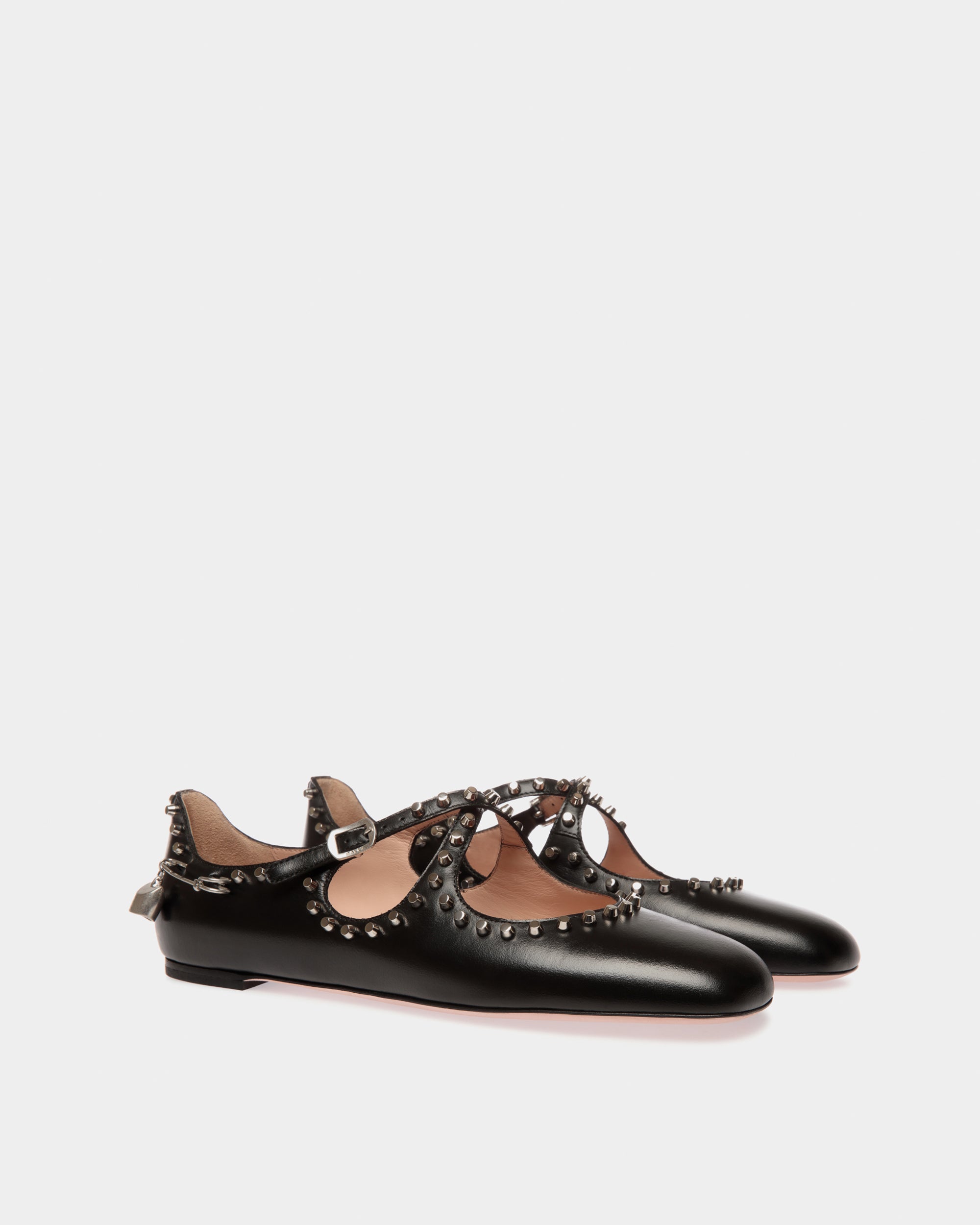 Bally Ballyrina Flat in Black Leather with Studs-in-Black-1-Bally Outlet