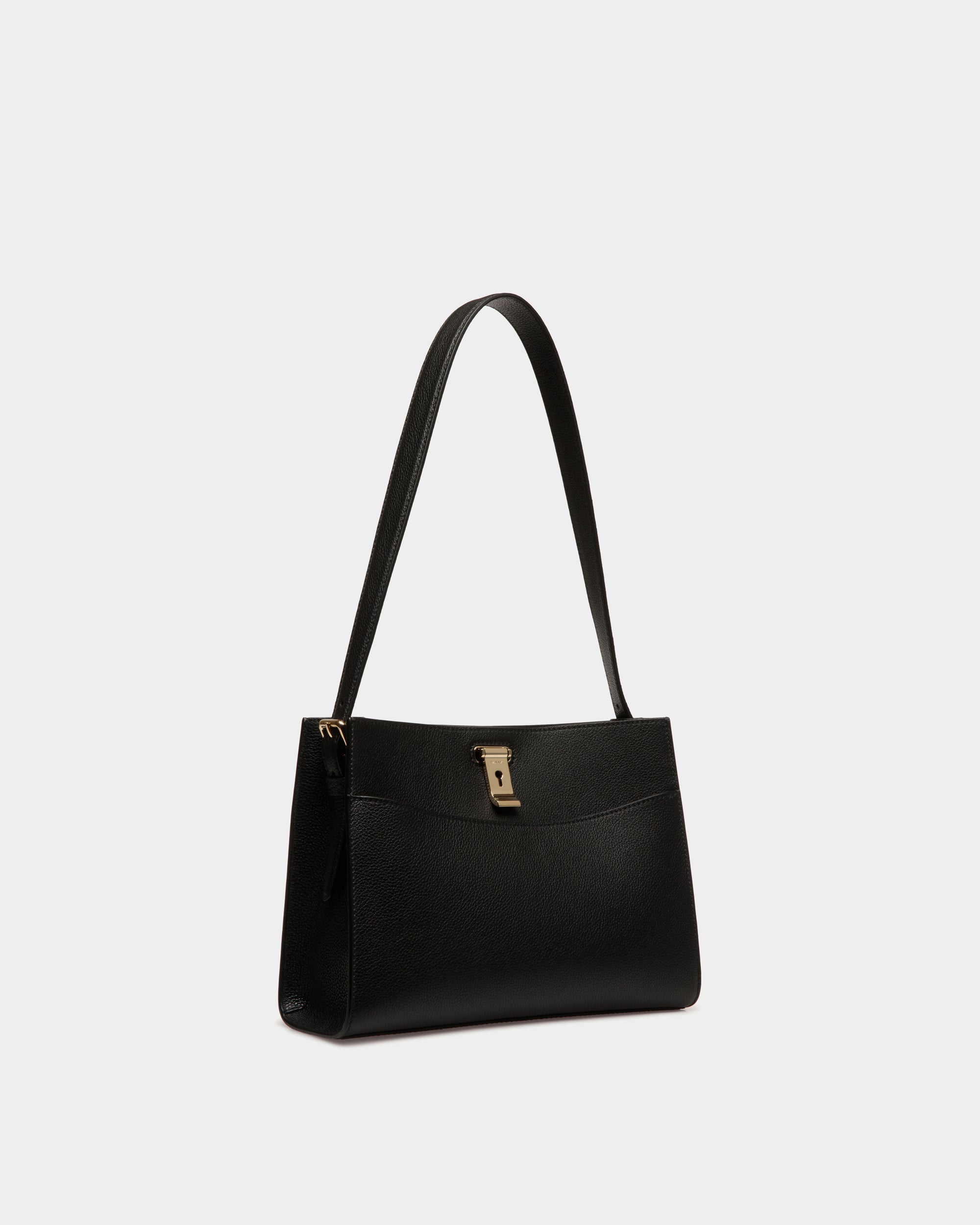 Bally Lock Me Shoulder Bag in Black Grained Leather-in-Black-3-Bally Outlet