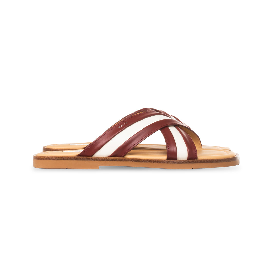 Bally Glide Sandal in Red and White Fabric and Brown Leather-in-Multicolor-1-Bally Outlet